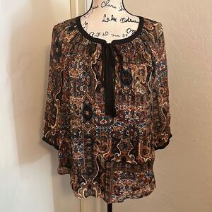 Anthropologie Meadow Rue Boho Multi Print Front Tie Top Casual Contemporary